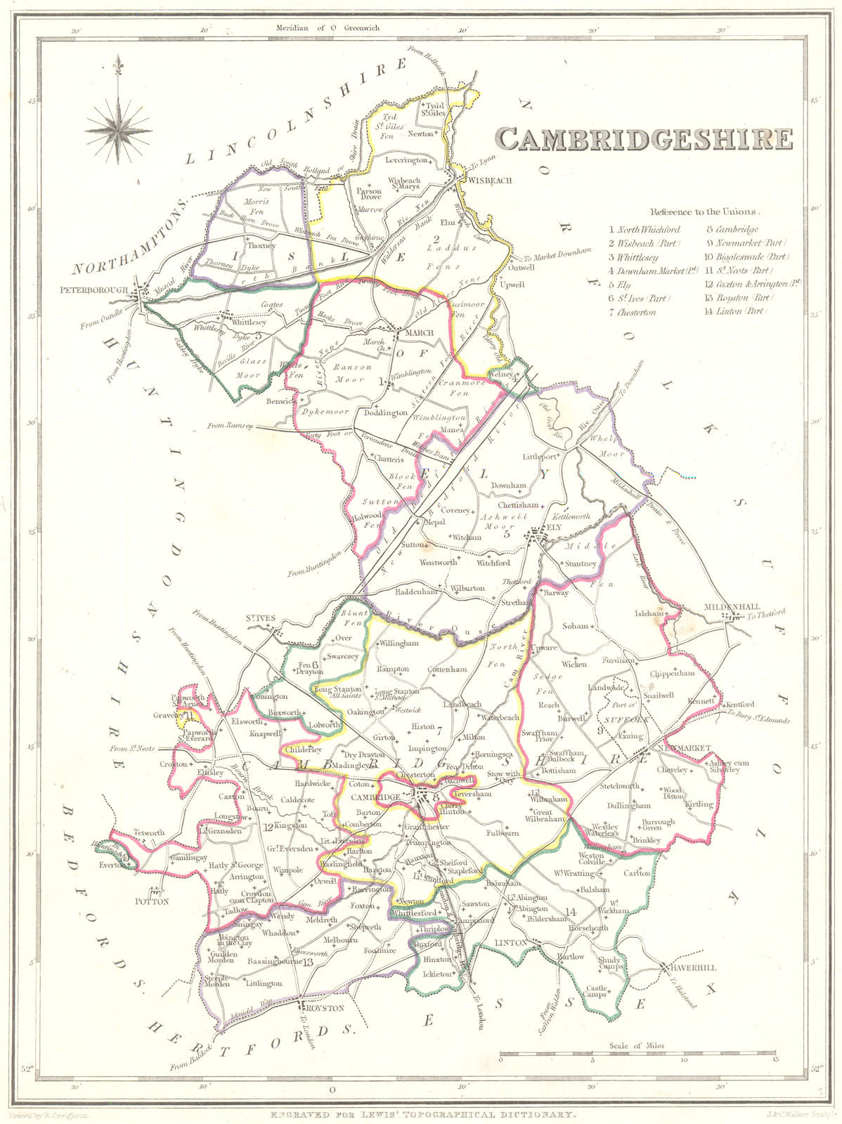 CAMBRIDGESHIRE. Cambs. Lewis. Original outline colour 1845 old antique map